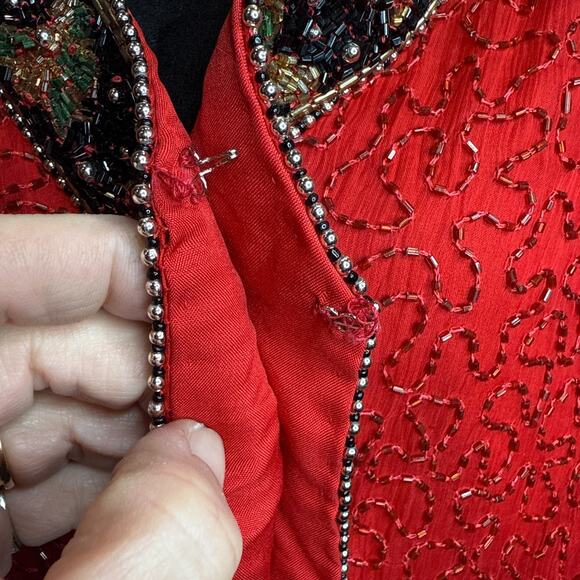 Laurence Kazar Red Beaded Silk Open Front Jacket Cardigan Plus Size 2X - Picture 5 of 13